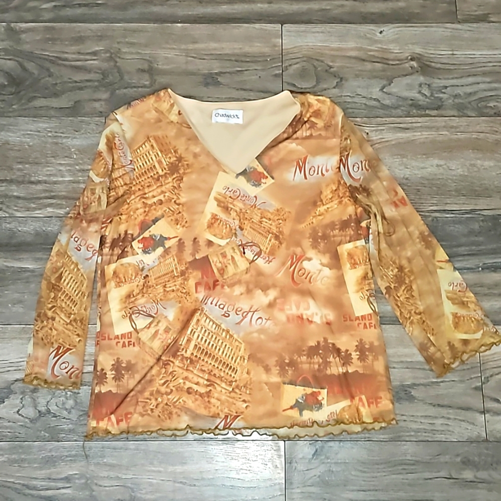 Chadwicks Monte Carlo printed top L all over print long-sheer sleeves y2k